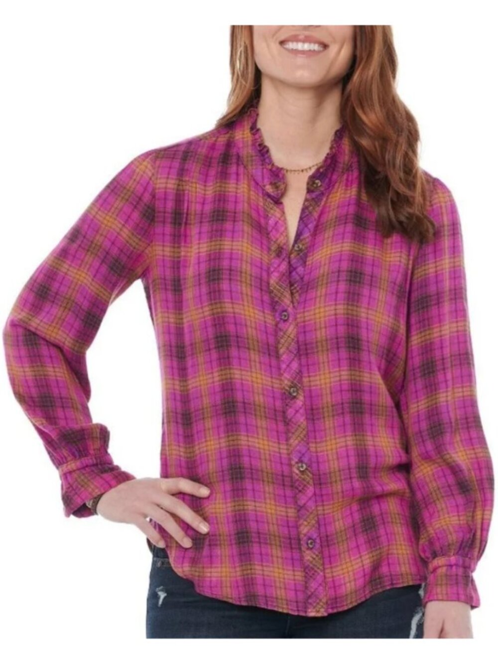 NEW NWT DEMOCRACY Long Sleeve Ruffle Neckband Plaid Button Down Shirt Purple S